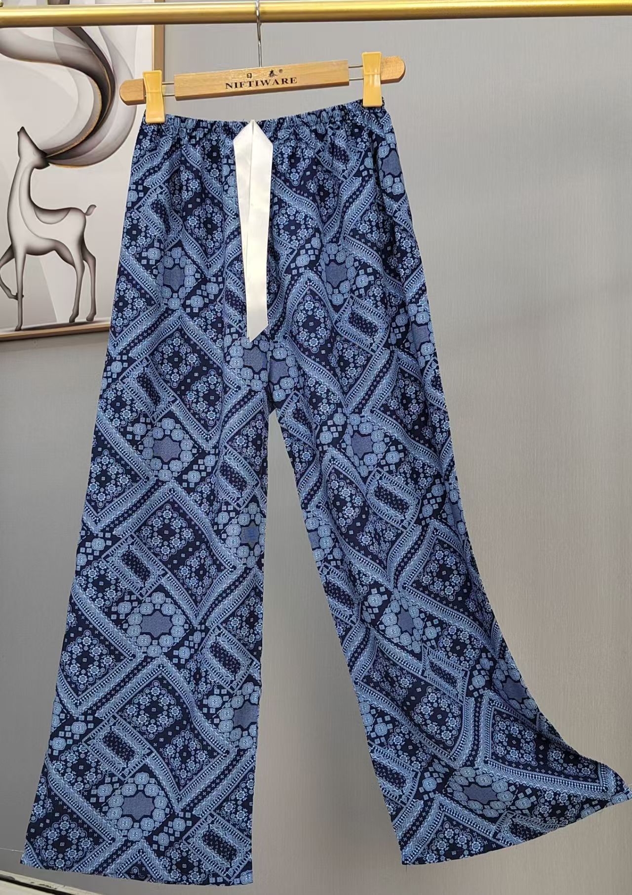 Pijama de seda de algodón para mujer, pantalones anchos de mujer embarazada de seda de algodón con estampado fino de verano