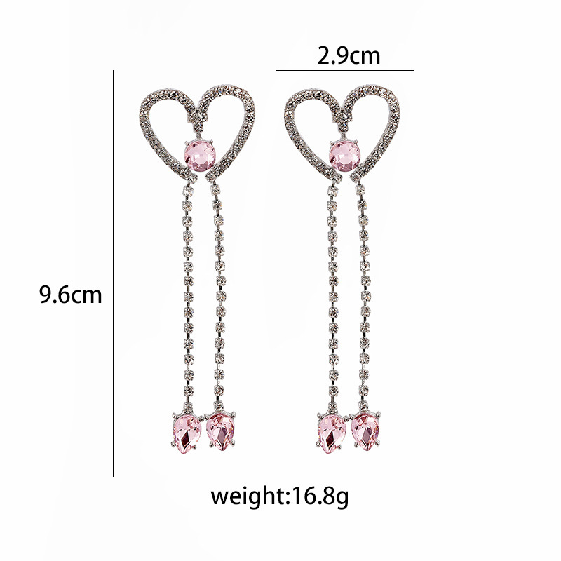 Fashion Large Heart Shaped Long Tassel Inlay Rhinestone Alloy Earrings display picture 1