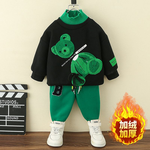 Boys and girls, young and middle-aged children, Western style cartoon sweatshirts and sweatpants two-piece set  autumn and winter new style velvet tops and trousers trendy