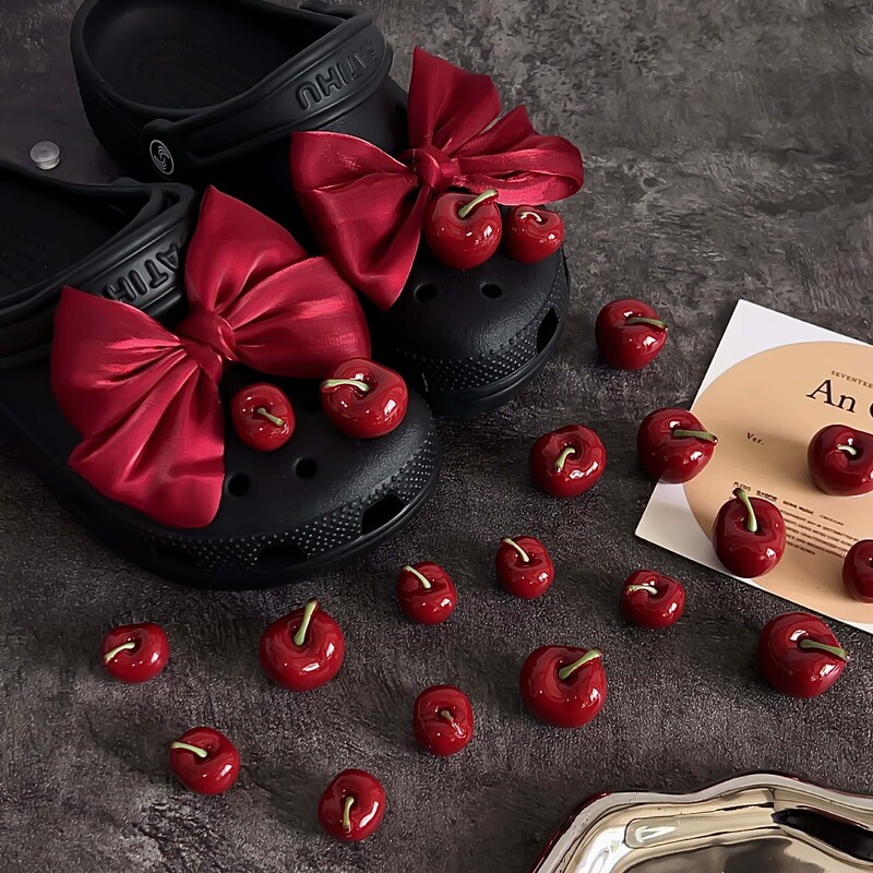 Original Shoe Charms, Mary Jane Clogs, Ballet Shoes, Red Bow Tie, 3D Cherry, High-End Women's Shoe Accessories