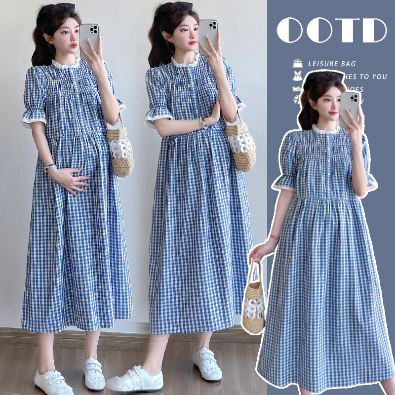 Maternity Summer Dress 2025 New Blue Plaid Short-Sleeved Dress Holiday Style Mid-Length A-Line Elegant Long Dress