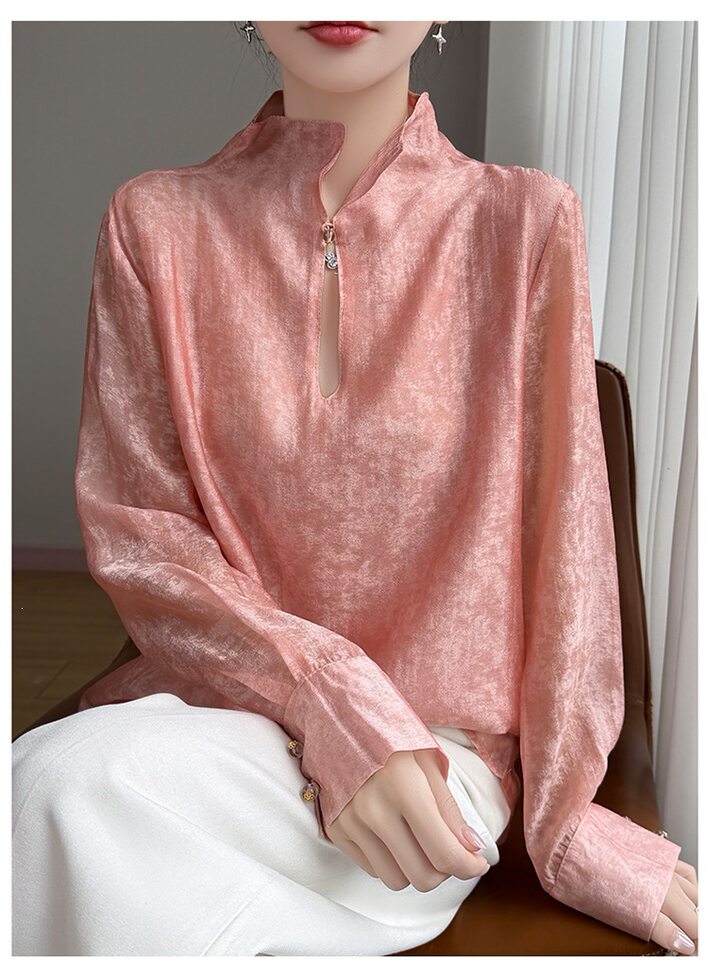 Áo sơ mi nữ cổ đứng tay dài vải Tencel mỏng nhẹ kiểu chui đầu — Màu hồng, Màu trắng, màu đen chi tiết 14
