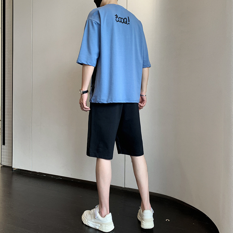 Camiseta de algodón de hombre de mangas cortas, ropa de dos piezas para hombres, combinación de estudiantes jóvenes guapos, tendencia de letras coreanas.