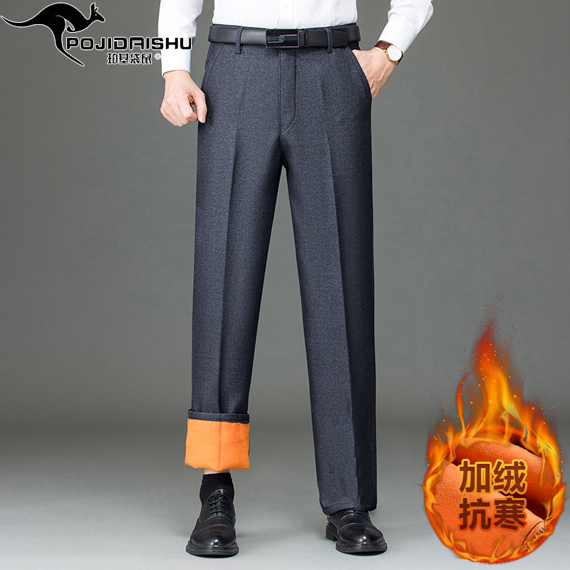 Perki canguro invierno forrado de lana engrosada pantalones de traje caliente de los hombres de mediana edad casual pantalones de traje formal pantalones de mediana edad y ancianos Pantalones
