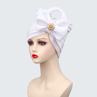 Cross-Border Hot-Selling New Decorative Bead Air Layer Bowknot Hat African Ethnic Headscarf Adjustable Muslim Hat