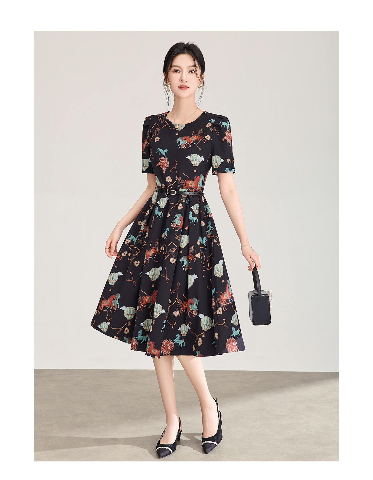 Đầm chữ A tay ngắn in họa tiết chiffon mùa hè — màu đen chi tiết 12