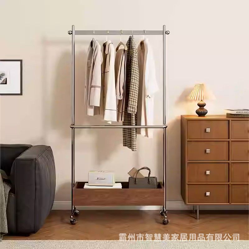 Household Mid-Century Style Stainless Steel Coat Rack Bedroom Floor-Standing Storage Clothes Rack Removable Simple Clothes Rack