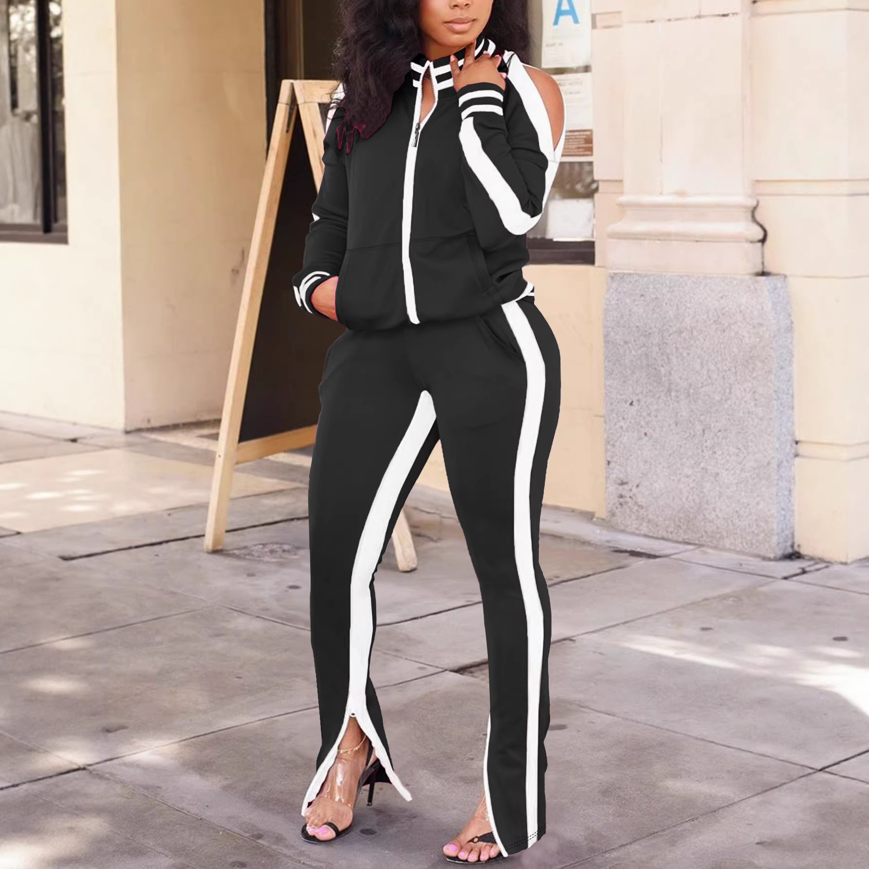 Women's Long Sleeve Round Neck Top With Pants 2-Piece Set Side Striped Casual Outfit Comfortable Daily Wear_ecoleips.com
