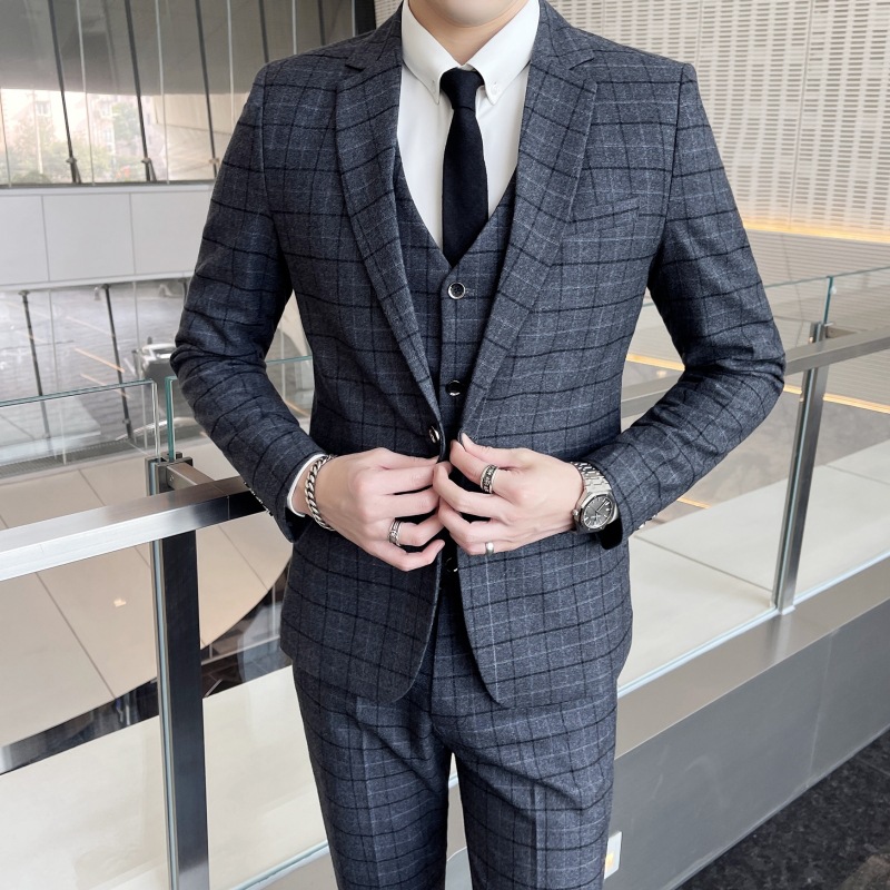Men's Slim Suit Set 2025 Autumn New Men's Youth Fashion Casual Easiest for Match Plaid Suit Set