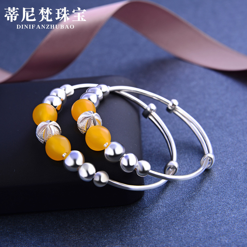 S990 plata pura con cuentas amarillo Calcedonia bebé pulsera de plata esterlina niños y niñas bebé Luna Llena pulsera de plata Anillo de pie joyería
