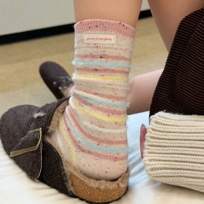 Ins Korean Style Winter Thickeneded Stripesd Color Matching Imitation Mink Furry Socks Autumn and Winter Warm Wool Women's Socks