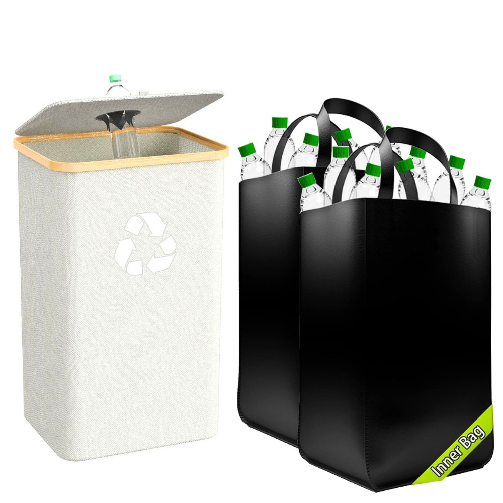 Botella reciclada cesta de almacenamiento de bambú con cubierta cesta de ropa sucia cesta de almacenamiento desmontable cesta de reciclaje caja de reciclaje plegable doméstica