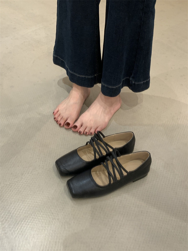 法式方头猪鼻子芭蕾舞玛丽珍鞋感小众交叉带晚晚风通勤单鞋女|undefined