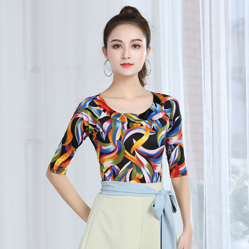 Latin dance tops for women, medium long sleeves, modern dance  new style dance, social dance practice clothes, square dance clothes