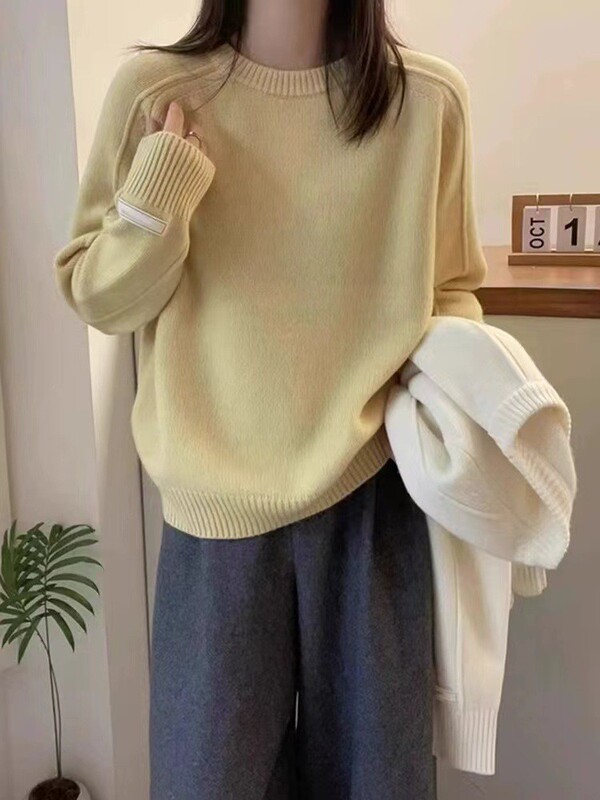 韩版秋冬新款圆领袖口贴标设计宽松学院风毛衣女套头针织衫上衣女|undefined