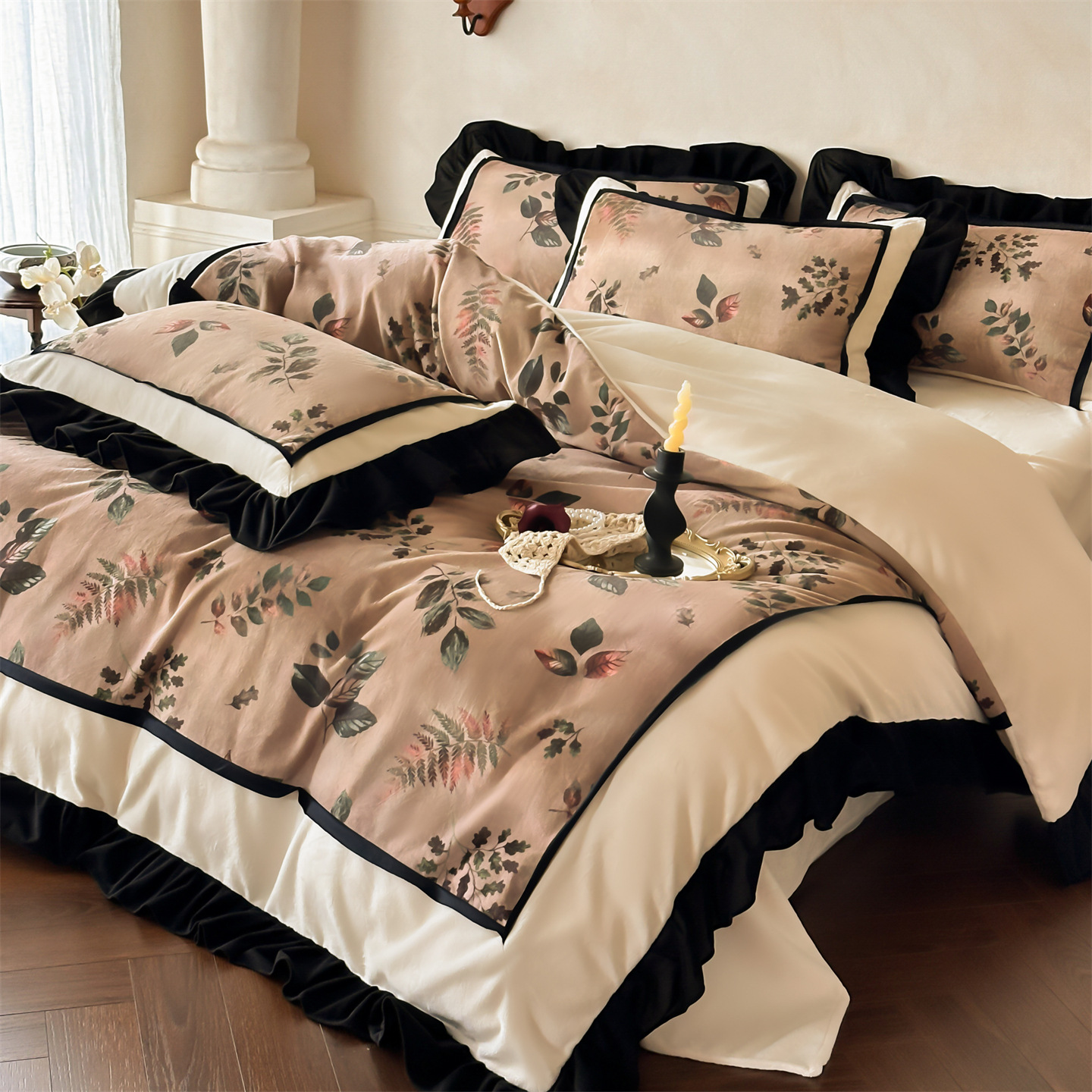 Conjunto de cama vintage boho em veludo com capa de edredão_voghion.com