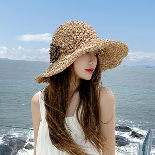 Straw Hat Women's Summer Beach Hat Flower Foldable Sun Protection Big Cornice Seaside Fashion Holiday Sun Hat Sun Hat