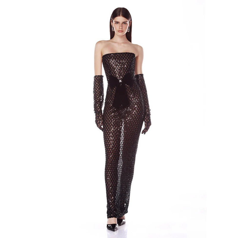 European and American Foreign Trade Women's Clothing Sequined Lace Sexy Off-Shoulder Long Dress with Bow Decoration Slim-Fit Sleeve Evening Gown European and American Foreign Trade Women's Clothing Sequined Lace Sexy Off-Shoulder Long Dress with Bow Decoration Slim-Fit Sleeve Evening Gown