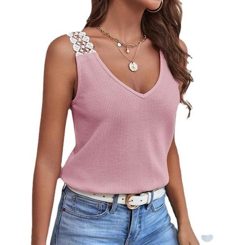 European and American Summer TEMU Women's Solid Color Lace Waffle Stitching Vest Short T-shirt for Women