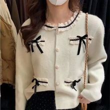 韩系蕾丝花边拼接毛衣开衫女春秋冬新款蝴蝶结宽松甜美针织上衣