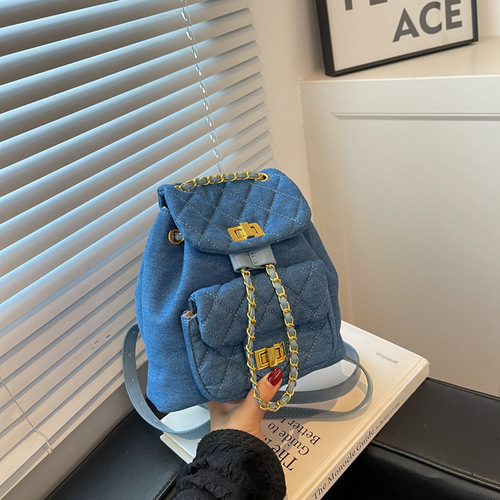 Denim Backpack Women's  New Fashion Versatile Diamond Backpack Summer Casual Travel Backpack