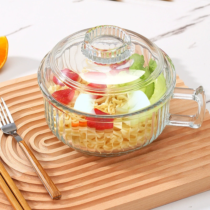 Стеклянная миска для лапши быстрого приготовления с ручкой, прозрачная специальная миска для быстрорастворимой лапши большой емкости, не допускающая ожогов, с крышкой