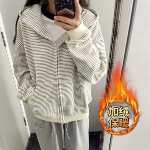 Korean-style padded striped hooded sweatshirt jacket for women, 2025 new arrival loose long-sleeved top for autumn and winter
