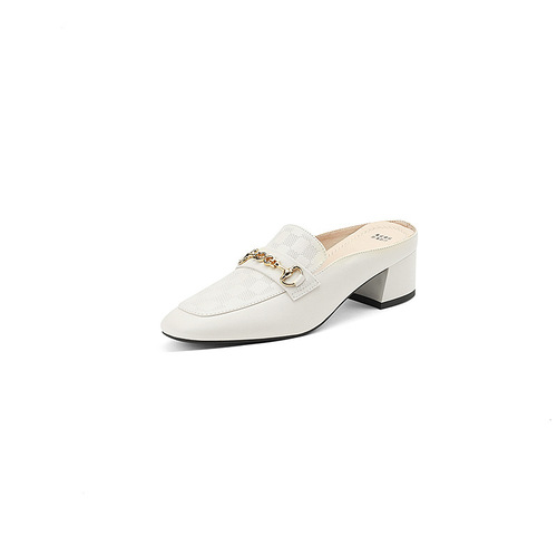 Full-leather, chunky 4cm heel, closed-toe high-heeled sandals—mid-height, versatile, half-sole design, perfect for summer casual wear and single-layer shoes.