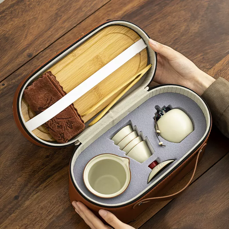 汝窑旅行茶具套装便携式快客杯一壶三杯四杯户外商务伴手礼印logo