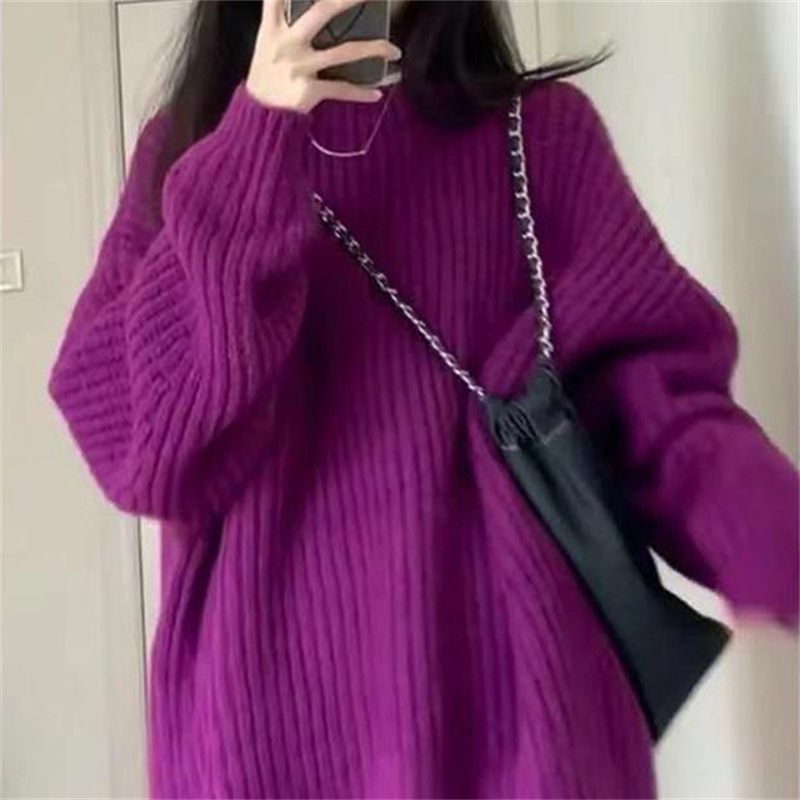 2023 otoño y el invierno nuevo púrpura cuello redondo suéter femenino flojo viento perezoso suave cera sudadera superior desgaste exterior