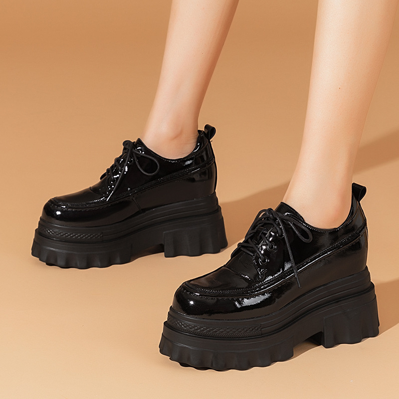 Giày platform đế dày da thật phong cách Anh, tăng chiều cao bên trong 10 cm — Màu đen