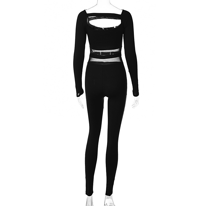 Solid Color Square Collar Mesh Stitching Sports Fitness Jumpsuit in Jumpsuits & Rompers