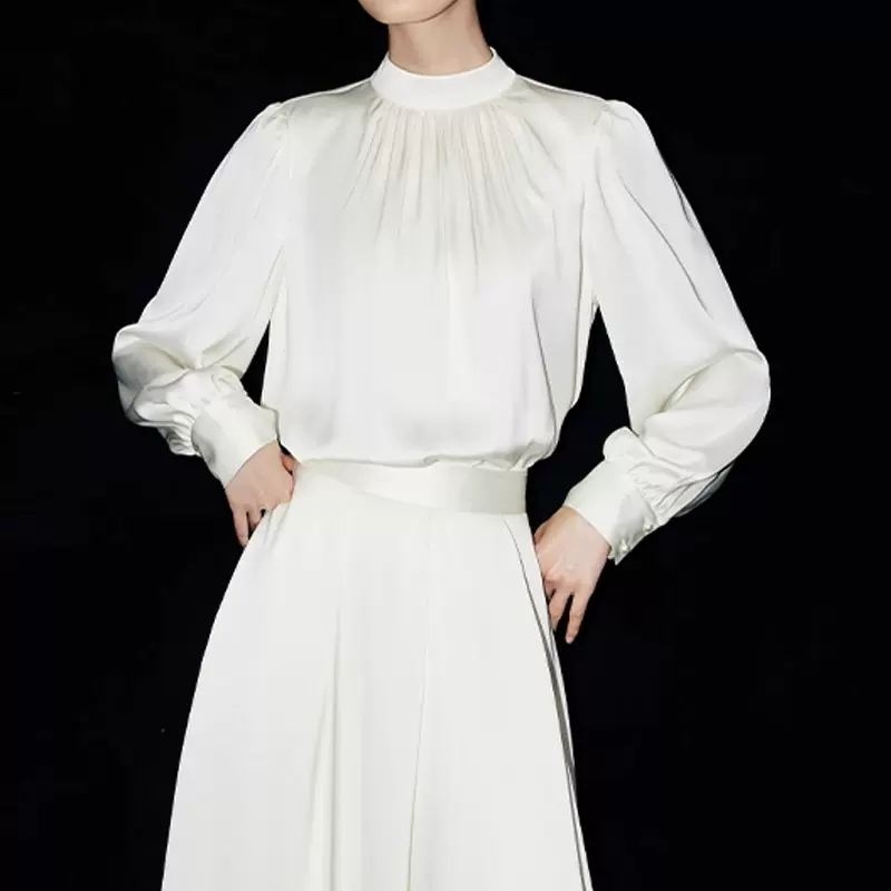 MandyZha白月光法式高级感白色立领缎面长袖衬衫女春季简约上衣