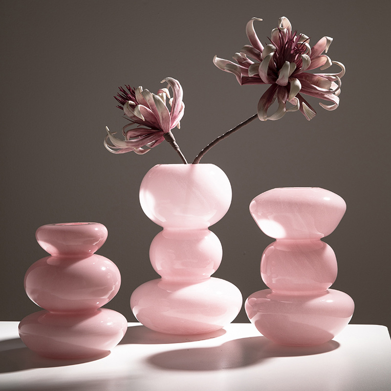 葫蘆中古玻璃花瓶高級瓷粉藝術餐桌插花裝飾客廳擺件鮮花玻璃花器