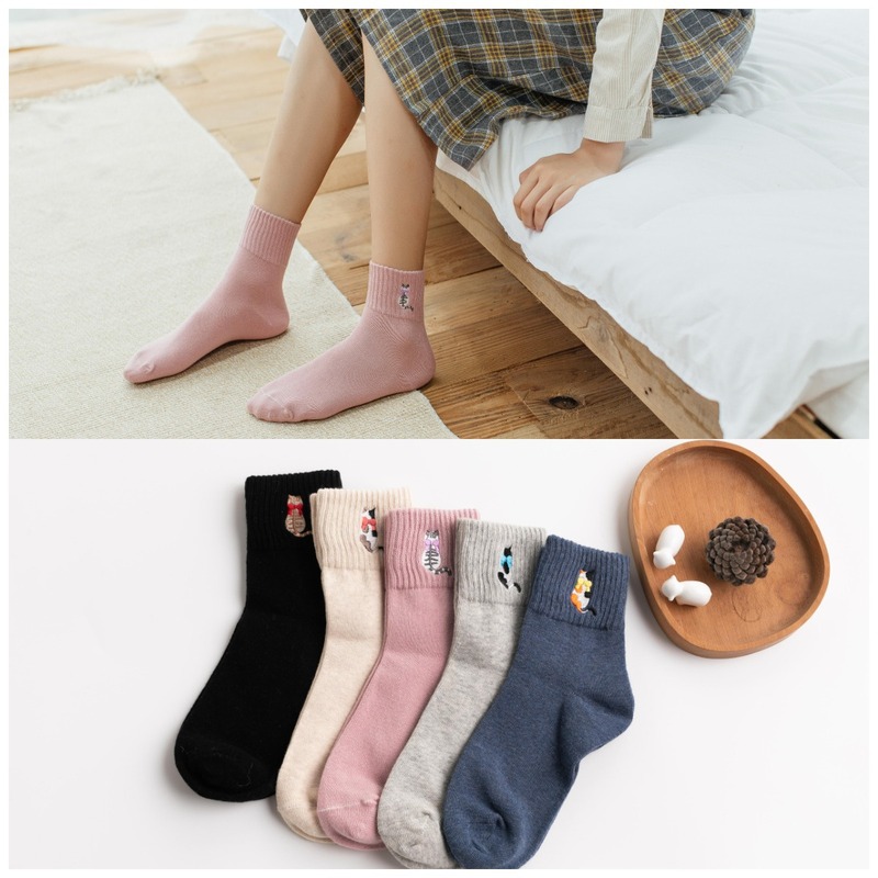 Women's Mid-calf socks spring and autumn Korean style preppy style embroidered cute stockings Japanese style solid color deodorant winter socks