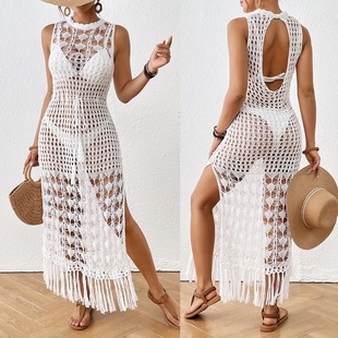 Women's Blouse Cross-Border European and American Clothing Sexy Hollow Floral Beach Skirt Waist Strap Tassel Long Skirt Beach Skirt
