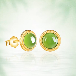Spinach green natural old material Hetian jade jasper 6mm round bead earrings women's genuine goods S925 silver jade earrings