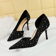 8237-2 Korean Edition Fashion Banquet Women's Shoes High Heels Slim Heels Shallow Notched Satin Side Hollow Rhinestone Single Shoes for Women