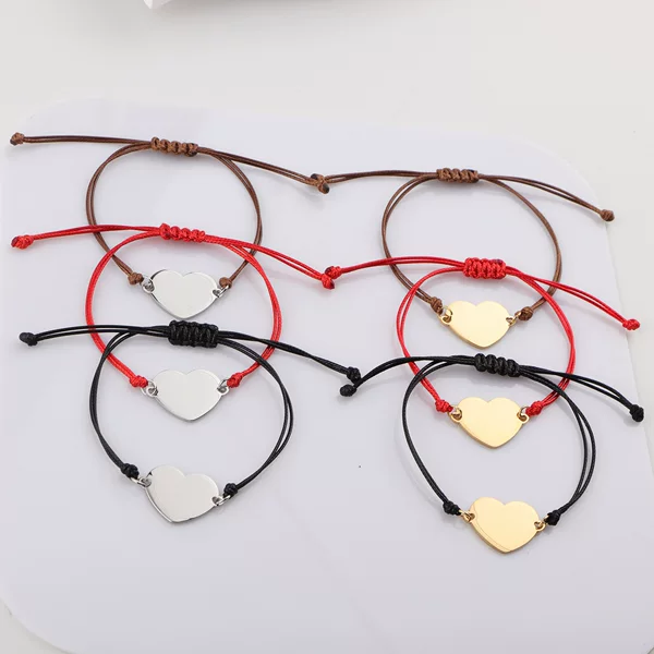 Cross-Border Hot-Selling Stainless Steel Heart Pendant Bracelet, Handmade Korean Wax Rope Adjustable Bracelet