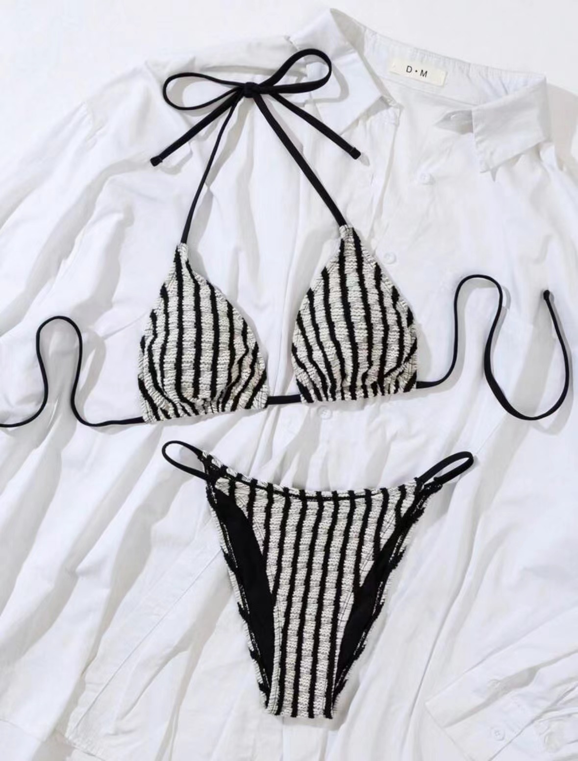 Damen Bikini Set In Streifenoptik Weiche Frottee Badebekleidung_voghion.com