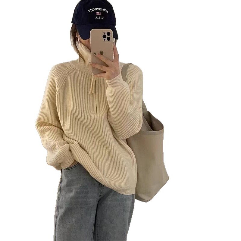 半拉链高领毛衣女秋冬季宽松韩版慵懒风外穿套衫软糯针织衫上衣女|undefined