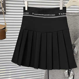 春秋韩版风字母腰弹力百褶裙胖mm女装高腰垂感防走光黑色短裙9281