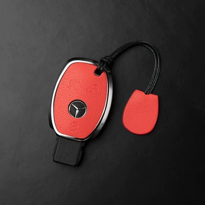 Leather, High-End Shell | Car key bag - mercedes-benz-c-class-3-button-key-fob-case-minimalist-cord-grapefruit-red