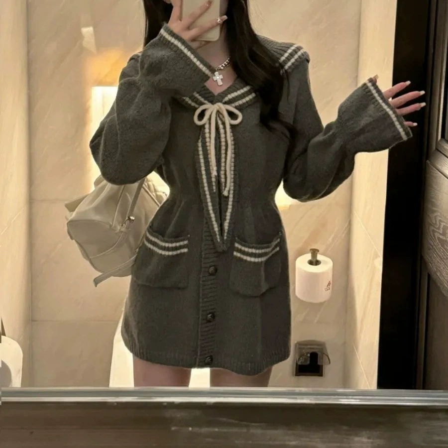 Большой размер японского чистого школьного стиля трикотажное платье женский осенний и зимний морской воротник матросский костюм толстый мм бедра юбка прилив