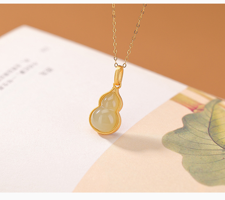 Mặt dây chuyền bạc S925 mạ vàng đính ngọc Hetian tự nhiên hình quả bầu phúc lộc — Phong cách nhân vật Fu (mặt dây chuyền đơn) chi tiết 4