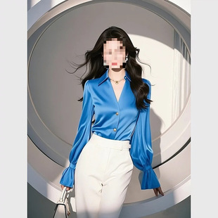 K4H's Popular Blue Satin Shirt This Year 2025 Spring French Accessible Luxury High-End Style with Bell Sleeves