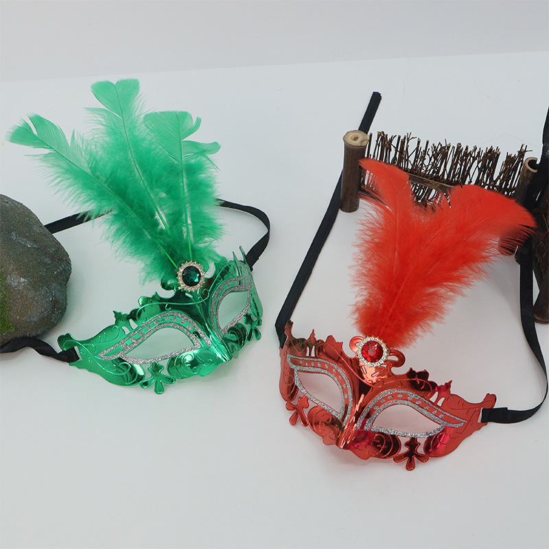 Máscara de media cara, máscara de ojos de carnaval, plumas de hada, decoración de diamantes de imitación electrochapados, accesorio para fotos de influencer estilo INS