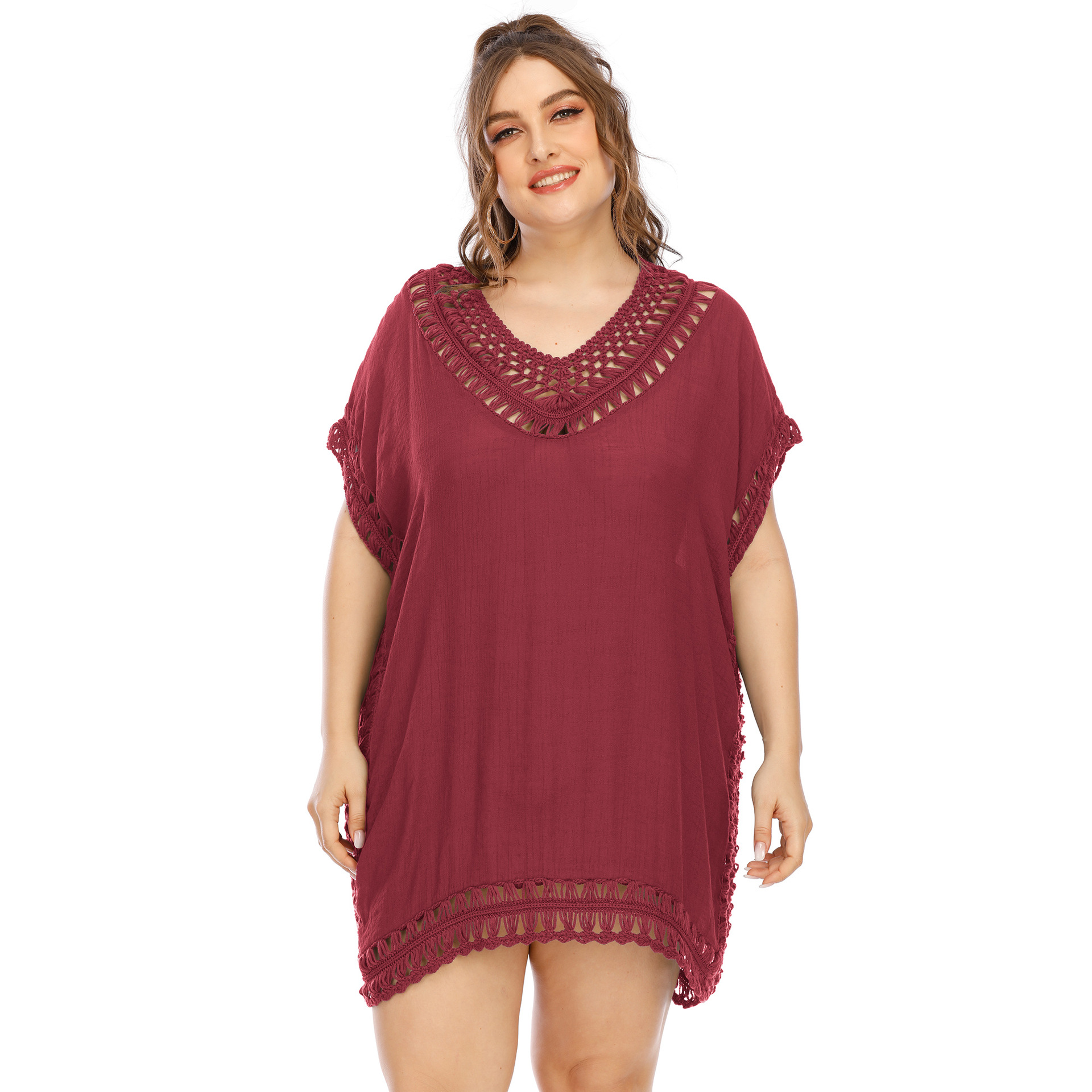 plus size hollow V-neck short sleeve loose solid color beach outdoor cover-up (multicolor) NSOY125343