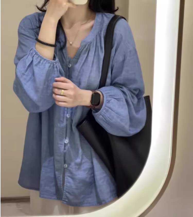 Áo chống nắng cardigan nữ tay dài cổ V chất liệu tencel mỏng nhẹ, phối cùng chân váy linen — xanh lam chi tiết 7