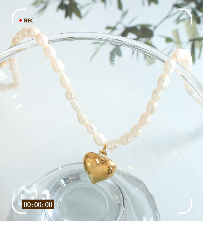 Fashion Heart Shape Titanium Steel Plating Artificial Pearls Pendant Necklace 1 Piece
